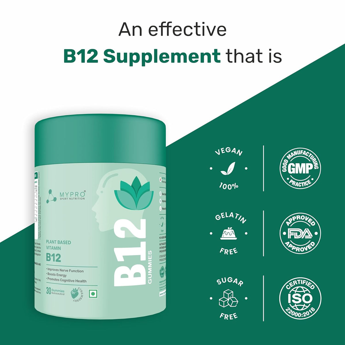 Mypro Sport Nutrition Plant Based Vitamin B12 Gummies | With Moringa, Amla Spirulina With 9 Herbals Extract |Nervous System Support | Boosts Energy | for Men & Women Strawberry Flavour (30 count (Pack of 1))