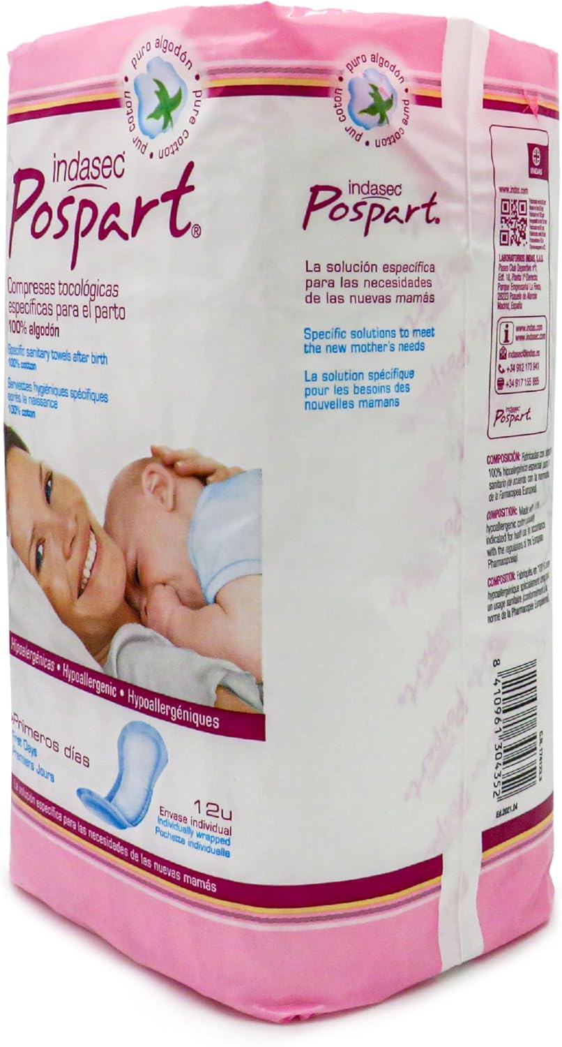 Indasec 100% Cotton Tocological Postpartum Pads - 12 Sanitary Towels - Hypoallergenic