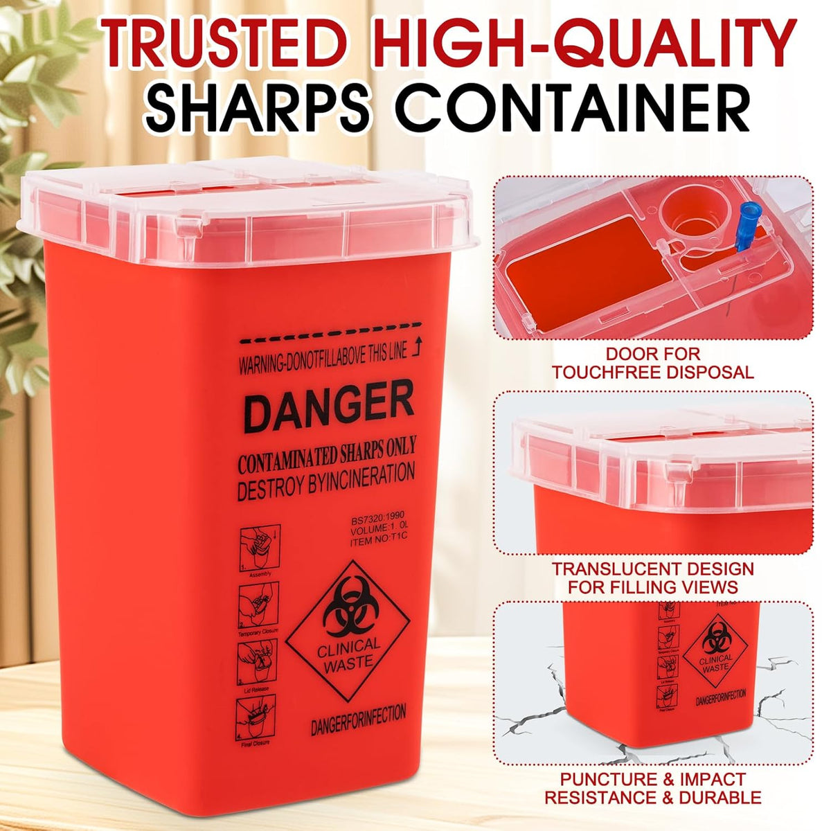 1 Quart (3-Pack) Sharps Container for Home Use, Needle Disposal Containers | Biohazard Containers, Syringe Disposal, Small Portable Container for Travel, Professional Sharp Waste Disposal Containers
