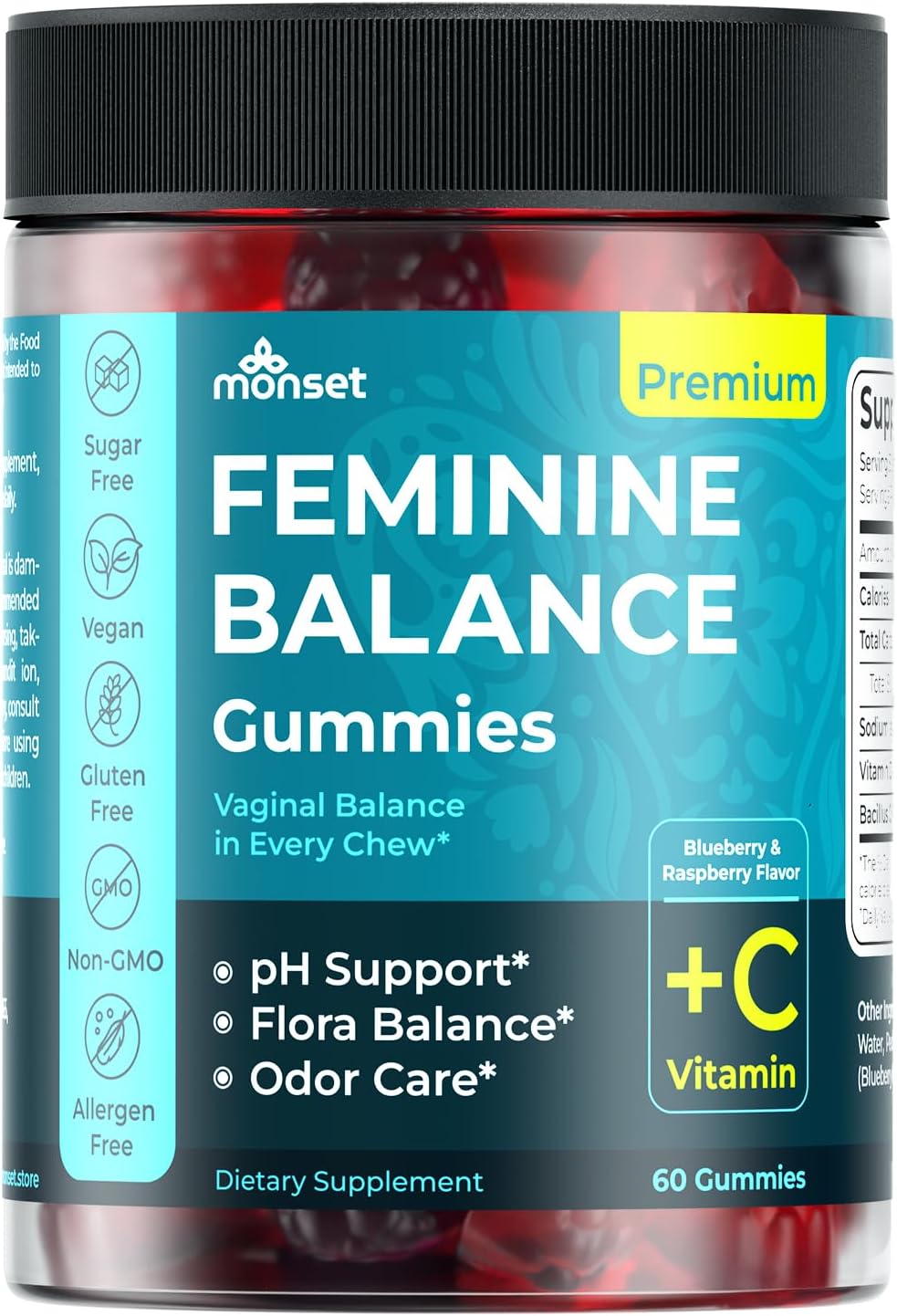 MONSET Women’s Probiotic Gummies – Support for pH Balance, Microflora & Freshness with Vitamin C for Immune Health – Blueberry Raspberry Feminine Gummies – 60 Gummies