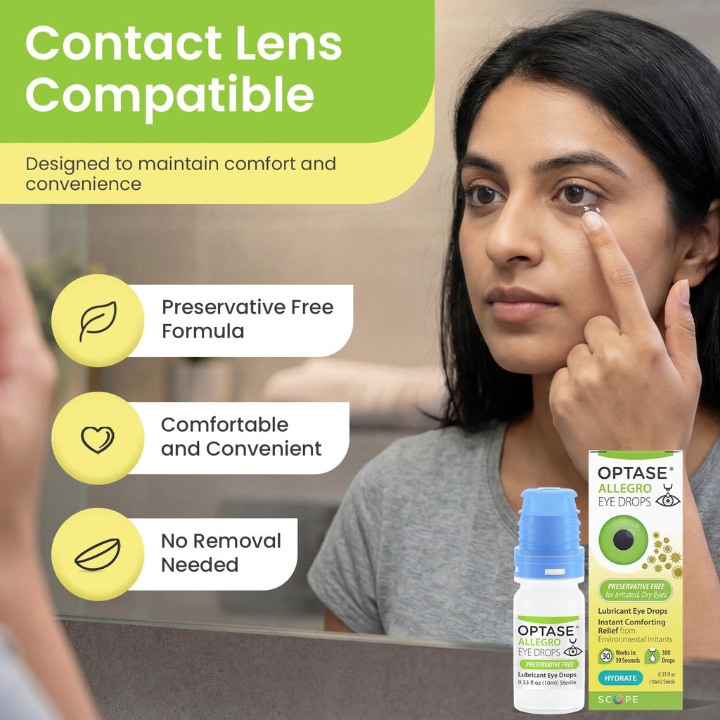 Optase® Allegro Lubricant Eye Drops, 0.33 fl oz | Preservative Free Lubricant Eye Drops - Artificial Tears for Environmental Irritants - Contact Lens Compatible - 300 Doses