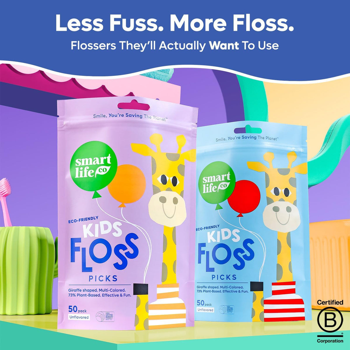 SmartLifeco Eco-Friendly Kids Flossers (100ct) - The Original Straw Wheat Dental Floss Picks For Children, Fluoride & PFA Free, Toothpick Flossing Sticks For Toddler Teeth, No Shred Thread, Unflavored