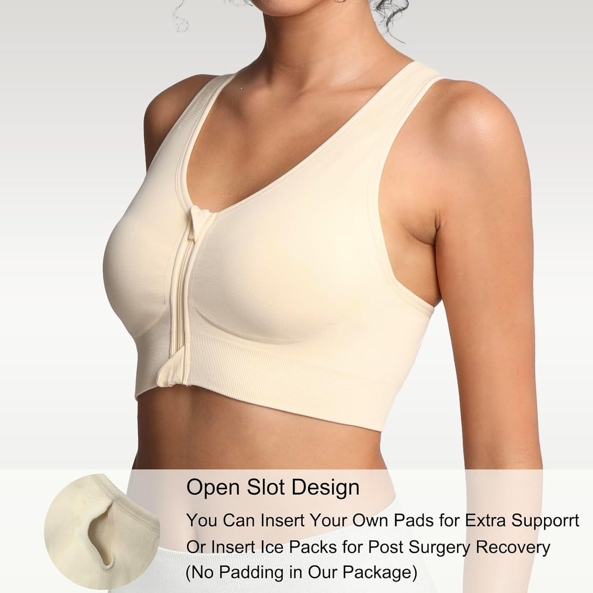 Lemef Zip Front Sports Bras, Post Surgery Compression Wirefree Racerback Bras for Women