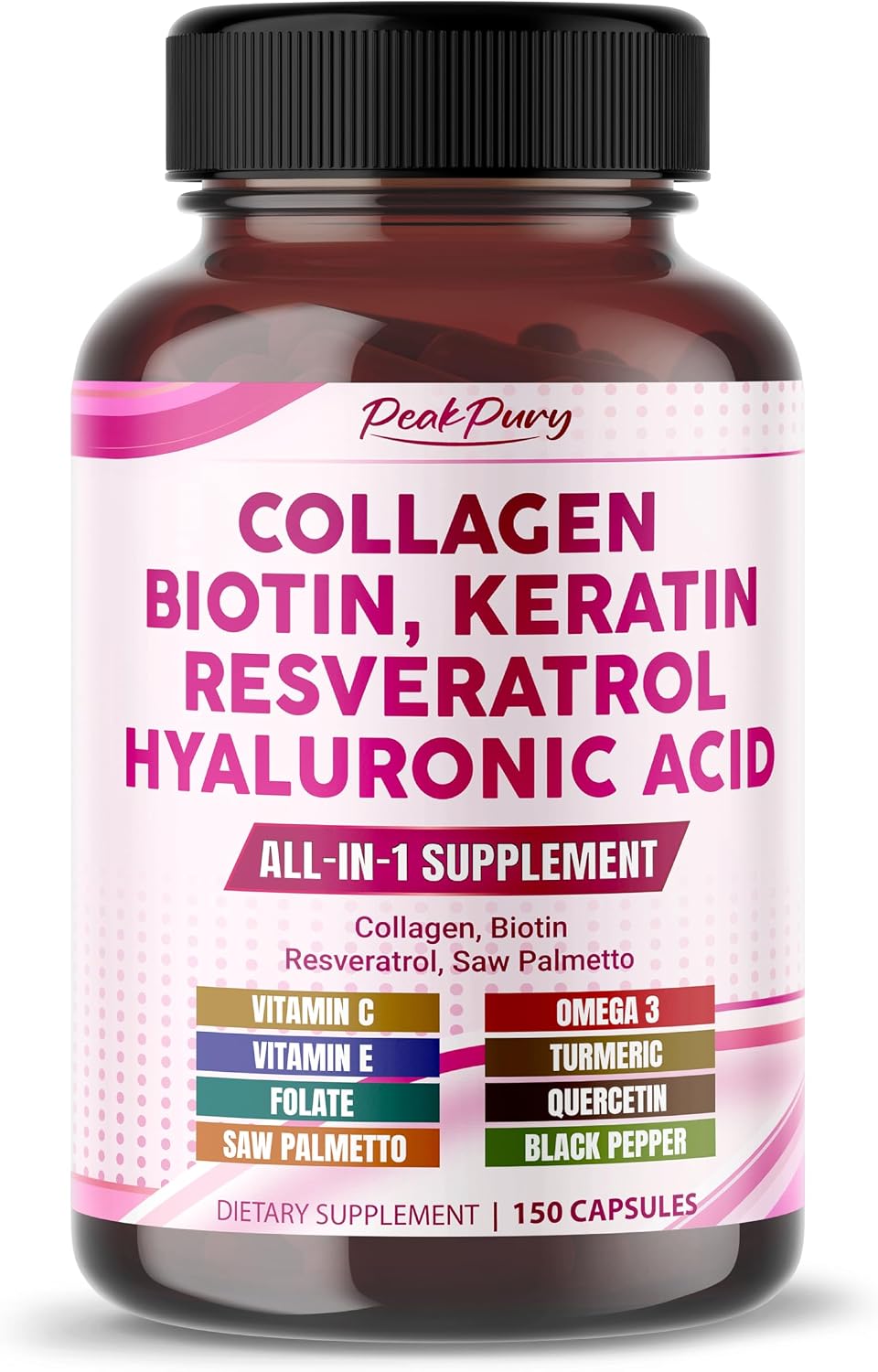 Collagen Biotin Supplement, 10000 mcg Biotin with Collagen Peptides, Hyaluronic Acid, Keratin, Resveratrol & Saw Palmetto, Skin Hair Nails & Joint Support*, 150 Capsules, Non-GMO