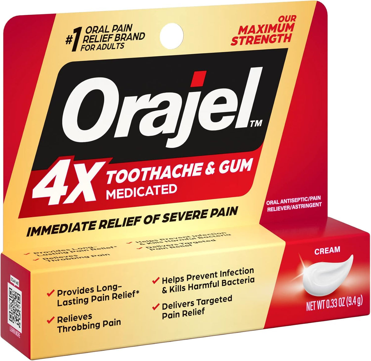 Orajel 4X for Toothache & Gum Pain: Severe Cream Tube 0.33oz- From Oral Pain Relief Brand