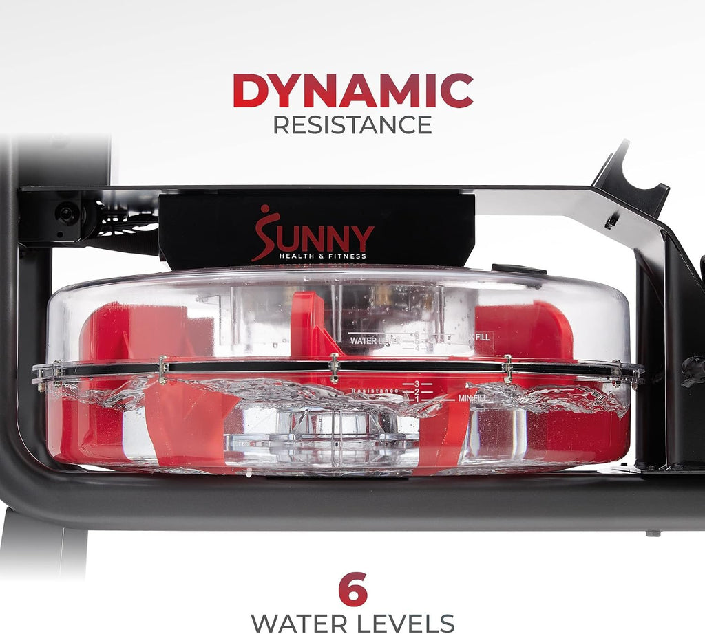 Sunny Health & Fitness Premium Water Rower w/Intensive Dynamic Real-Time Resistance, 300 LB Capacity Flip-able Rowing Machine for Home Training, Optional Free SunnyFit App Connection