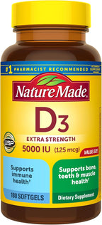 Nature Made Vitamin D3 5000 IU (125 mcg), 180 Vitamin D Softgels | Extra Strength Vitamin D Supplement for Immune, Bone, Teeth and Muscle Health Support, 180 Day Supply