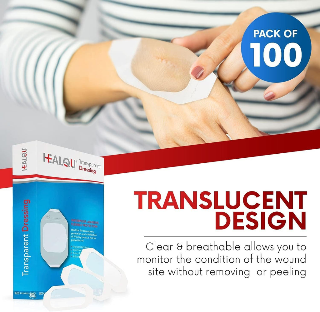 Transparent Film Dressing 2.3" x 2.75" (100 Pack) – Waterproof Adhesive Wound Bandages for Post-Surgical Shower, IV Shield, Tattoo Aftercare, Clear Breathable Dressing Patches by HEALQU