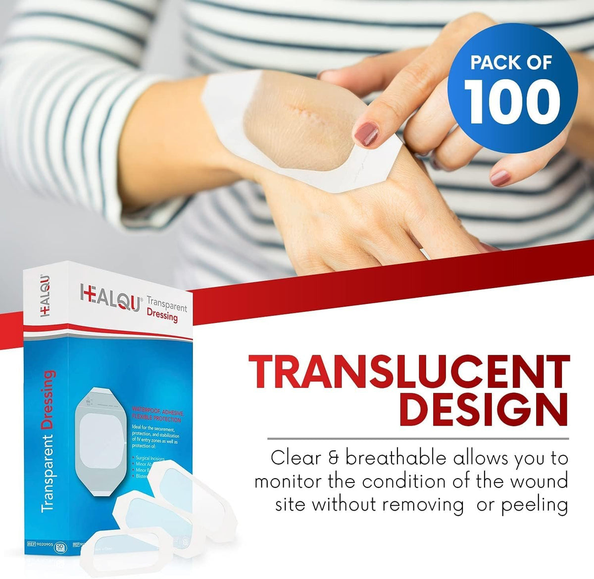 Transparent Film Dressing 2.3" x 2.75" (100 Pack) – Waterproof Adhesive Wound Bandages for Post-Surgical Shower, IV Shield, Tattoo Aftercare, Clear Breathable Dressing Patches by HEALQU
