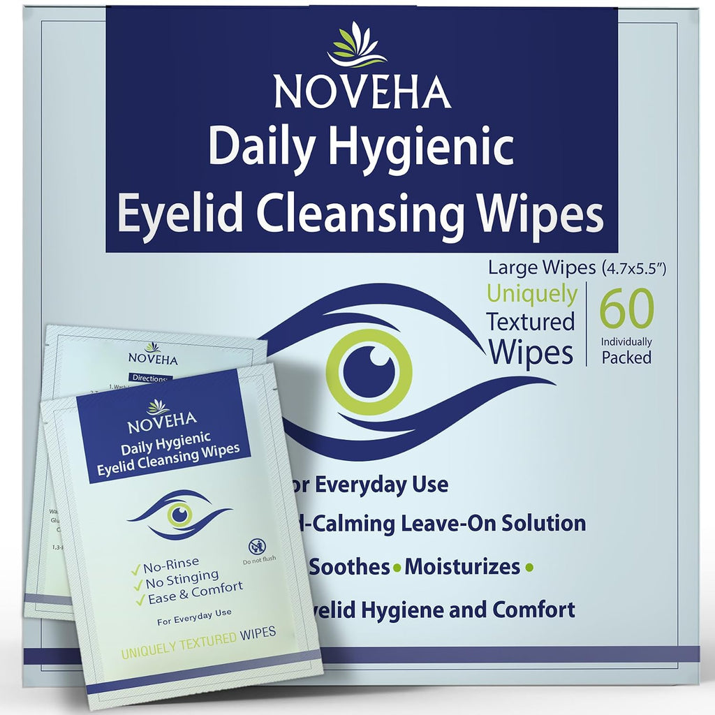 NOVEHA 60PCs Daily Hygienic Eyelid & Lash Wipes | For Blepharitis & Itchy Eyes, Demodex | Individually Wrapped Refreshening Eyelid Wipes, Natural Makeup Remover & Calming Moisturizer