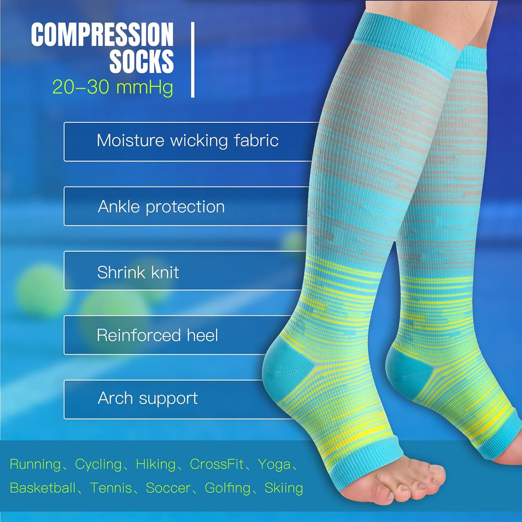 Open Toe Compression Socks for Women & Men | 3pairs,20-30mmHg Toeless Sock Knee High Support Stockings for Circulation Support Nurses Travel