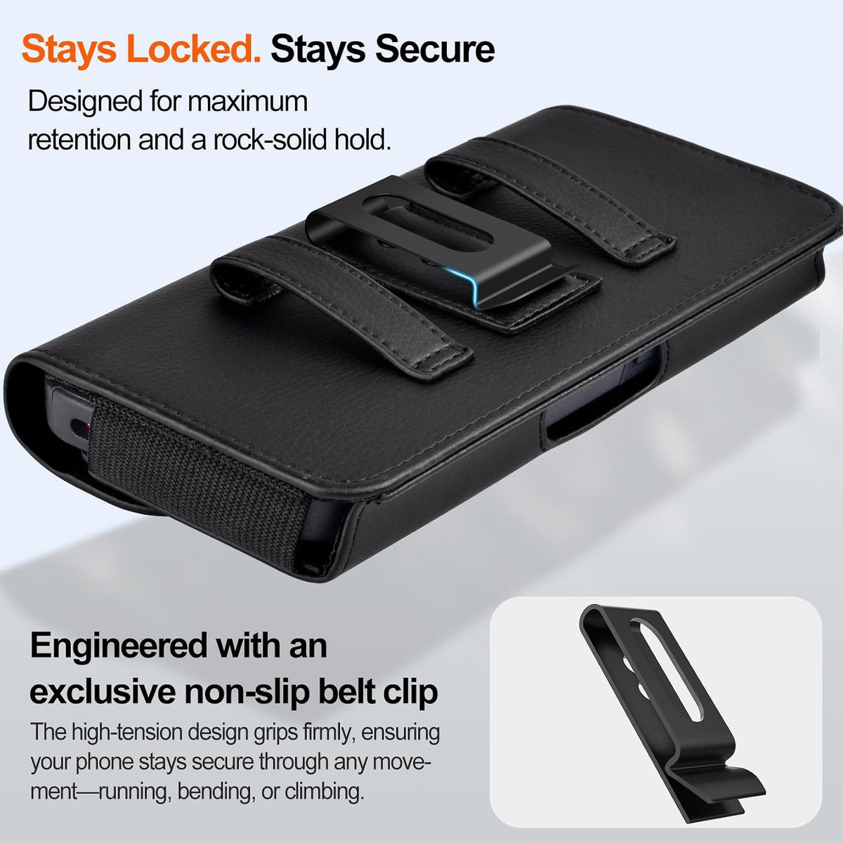 Leather Cell Phone Holster with Card Holder and Belt Clip Protective Case for iPhone Pro Max, Plus 17 16 15 14 13 12, Samsung Galaxy FE, Plus S26 S25 S24 S23 S22, L-Black