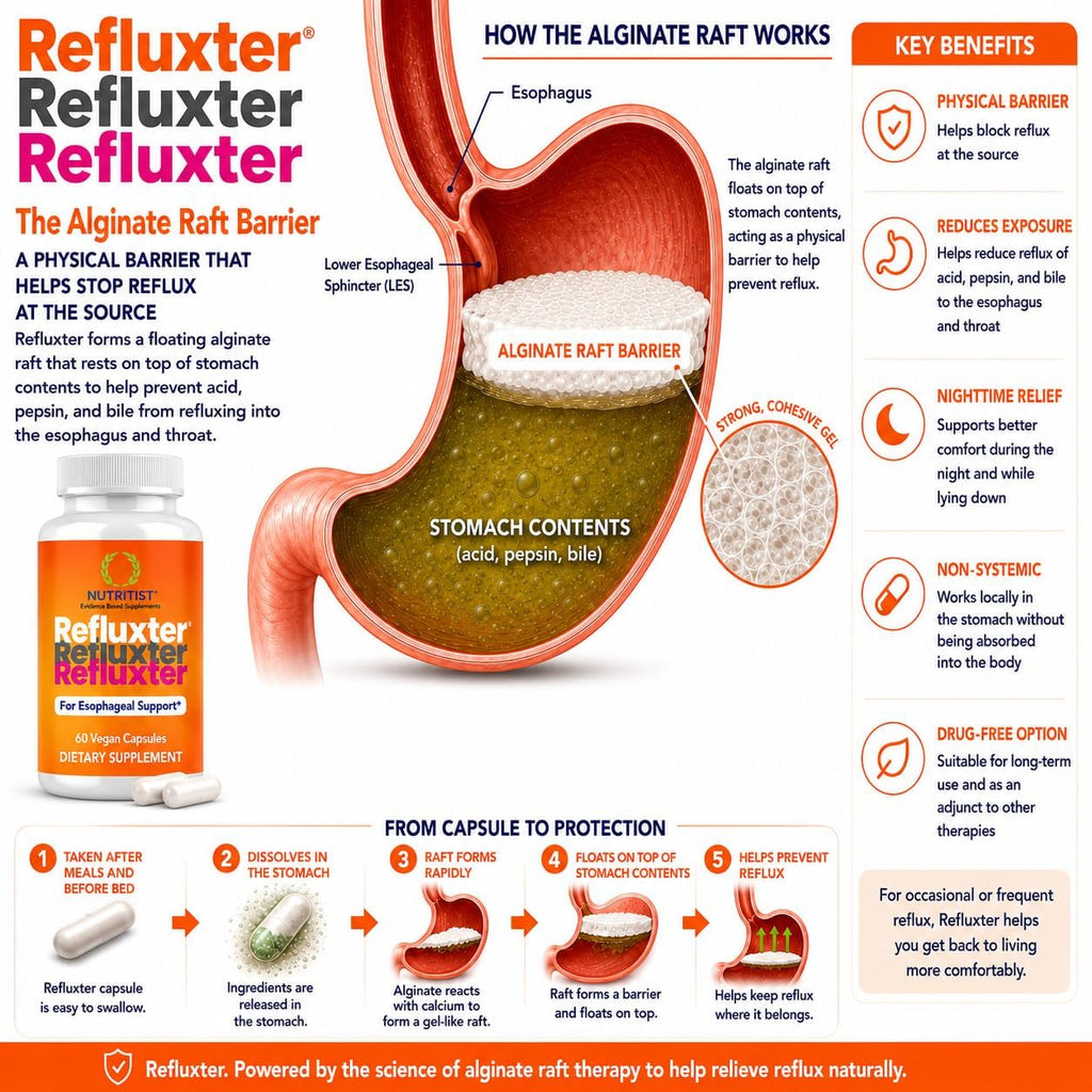 Refluxter Sodium Alginate Capsules 1000+ mg for Acid Reflux LPR & GERD | Natural alginate raft for heartburn, silent reflux & nighttime acid. Vegan supplement, 60 capsules, no aluminum or sugar