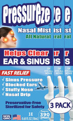 Pressureze All Natural Preservative-Free Sterile Nasal Spray - Fast Relief Nasal Spray - for Sinus Allergies, Loud Snoring & Congestion | 130 Sprays, 18 ml (Pack of 3)