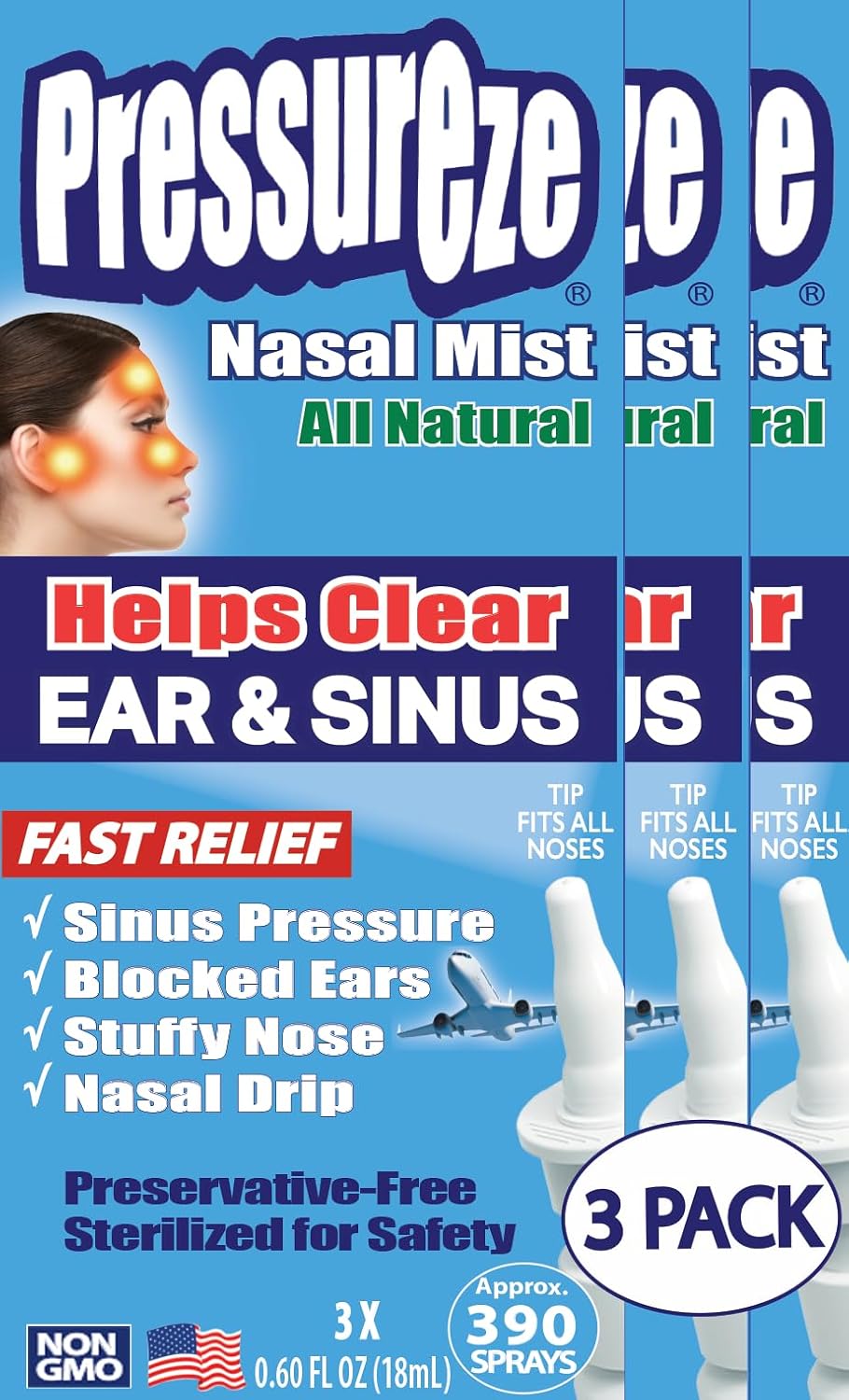 Pressureze All Natural Preservative-Free Sterile Nasal Spray - Fast Relief Nasal Spray - for Sinus Allergies, Loud Snoring & Congestion | 130 Sprays, 18 ml (Pack of 3)
