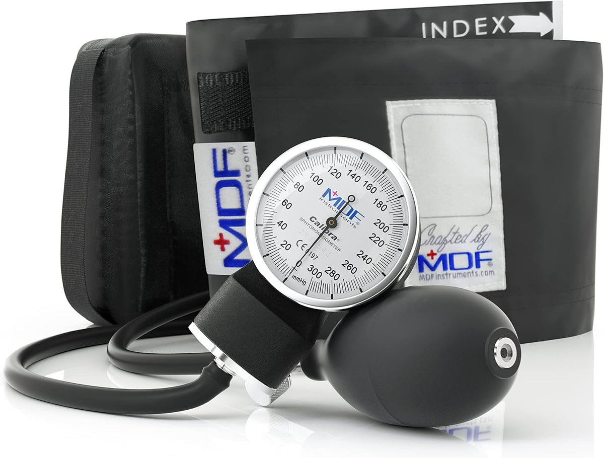 MDF Instruments, Calibra Aneroid Premium Professional Sphygmomanometer, Blood Pressure Monitor with Adult Cuff & Carrying Case, Lifetime Calibration, White Dial, Black Cuff, MDF808M11