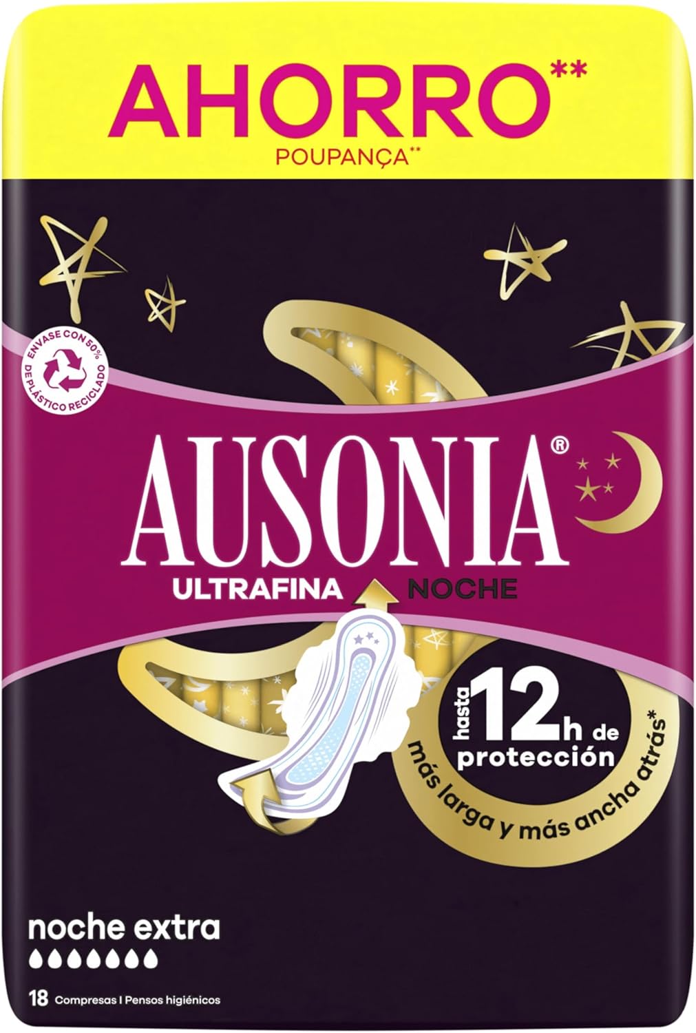 Ausonia Ultra Thin Extra Night Pads with Wings, 18 Pack, Double Coverage on Front and Back, Overnight Protection
