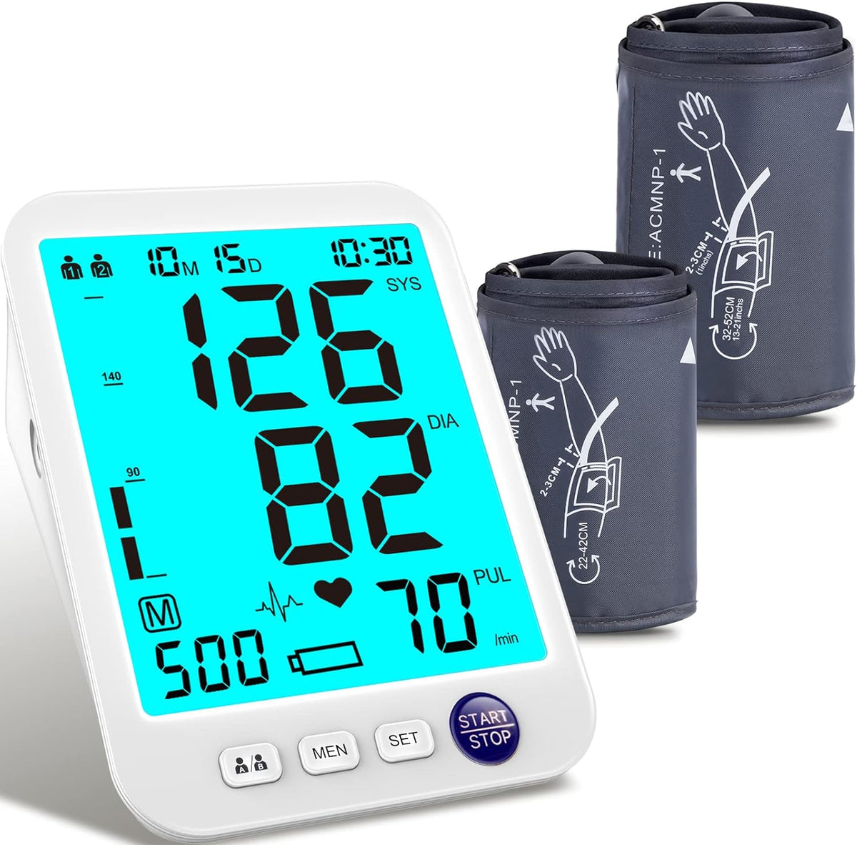 Blood Pressure Monitor 2 Cuff Sizes, Large Blood Pressure Cuff | M/L Cuff 9-17"& XL Cuff 13-21", Extra Large Backlit Display, Two User Mode, 1000 Mem, 4xAAA Batteries, Upper Arm, Home Use