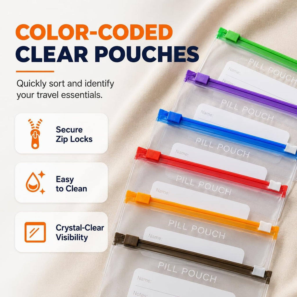 Waterproof Pill Pouch Set, Waterproof Pill Organizer Set with 14pcs Bags Inside, 7 to 14 Days of Meds & Medicine Crush-Resistant Shell, Portable Travel Pill Storage System for Holder Travel (Green)
