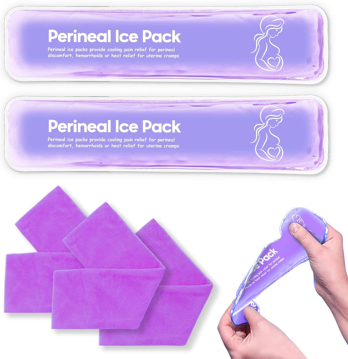 Reusable Postpartum Perineal Ice Packs, Cold Packs for Hemorrhoid Pain Recovery, 2 Gel Pads + 3 Sleeves (Purple)