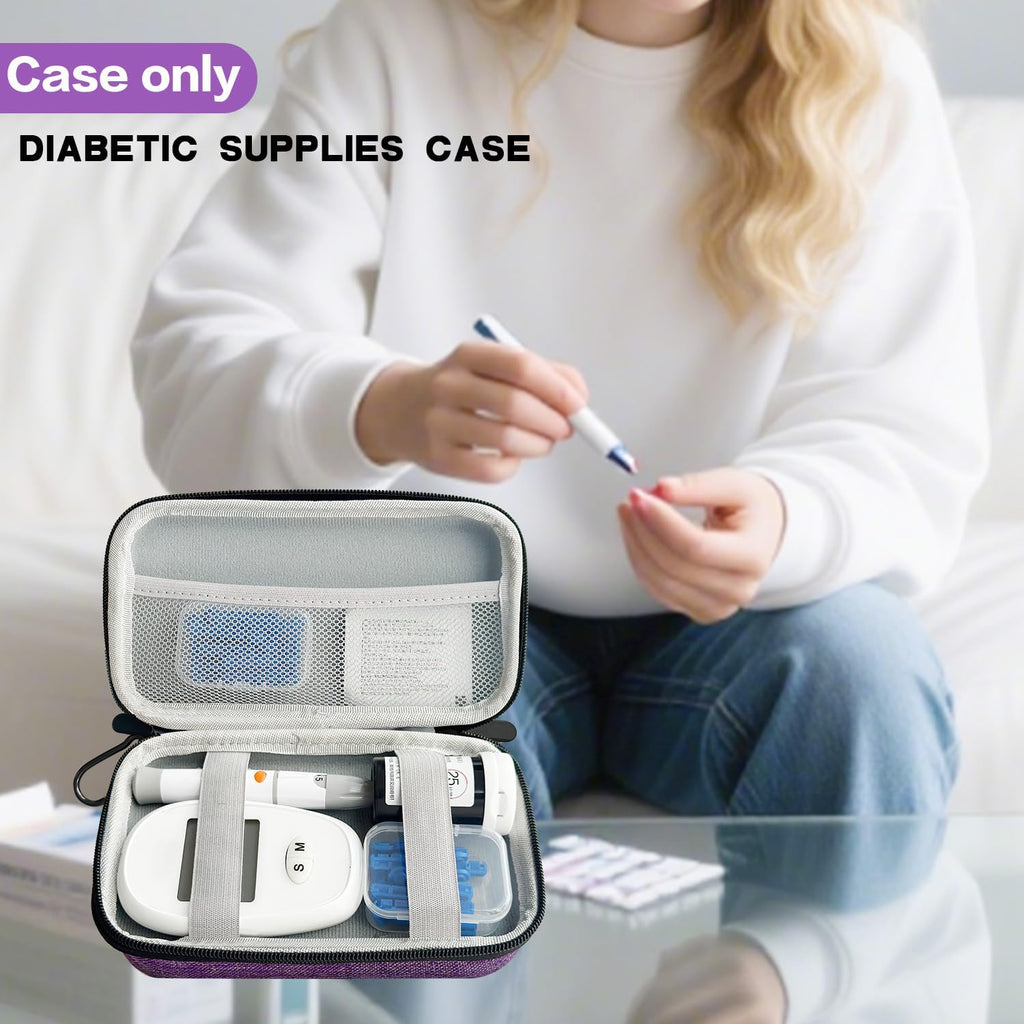 Diabetes Supplies Travel Case, Portable Glucose Monitor Case for Blood Sugar Test Strips, Lancets, Lancing Device, with 2 small transparent boxes and 1 climbing buckle (purple)