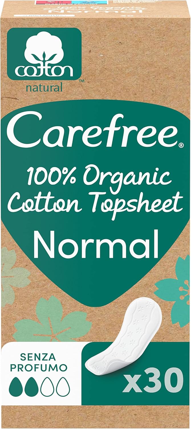 Carefree Organic Cotton Panty Liners, Hypoallergenic and Breathable, Normal, 30 Units
