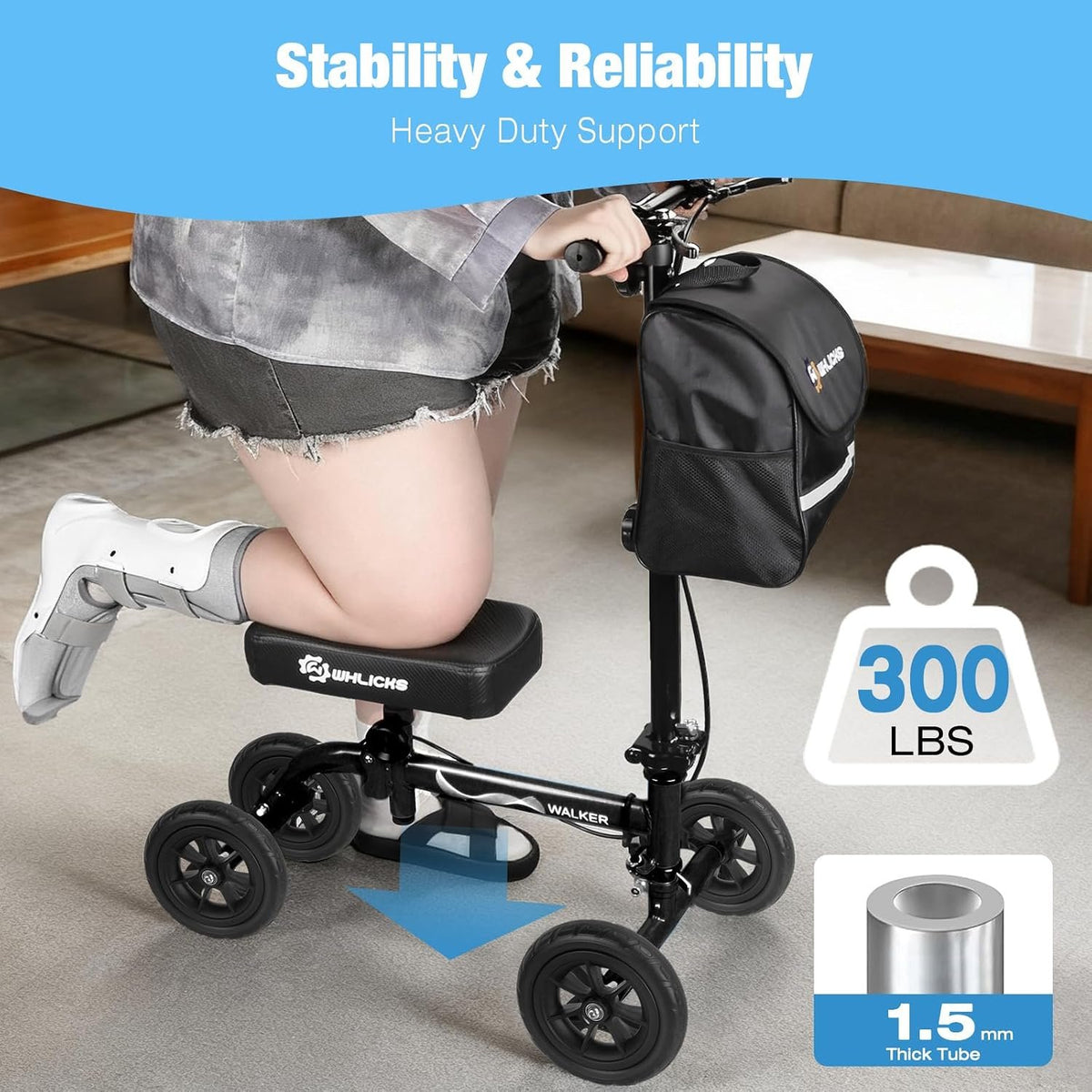 WHLICKS Foldable All Terrain Knee Scooter for Adults for Foot Injuries | Steerable Knee Walker with PU Wheels, Medical Knee Scooter for Broken Foot Injured, Lightweight Leg Scooter for Broken Ankle