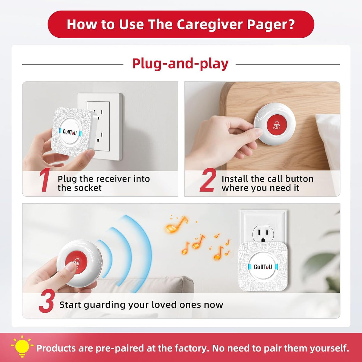 CallToU Caregiver Pager Wireless Call Button Nurse Alert System Home Care | Easy to Use, 500+FT Through-Wall, Peace of Mind, Waterproof Call Button for Elderly, Seniors, Patients and Home Caregivers