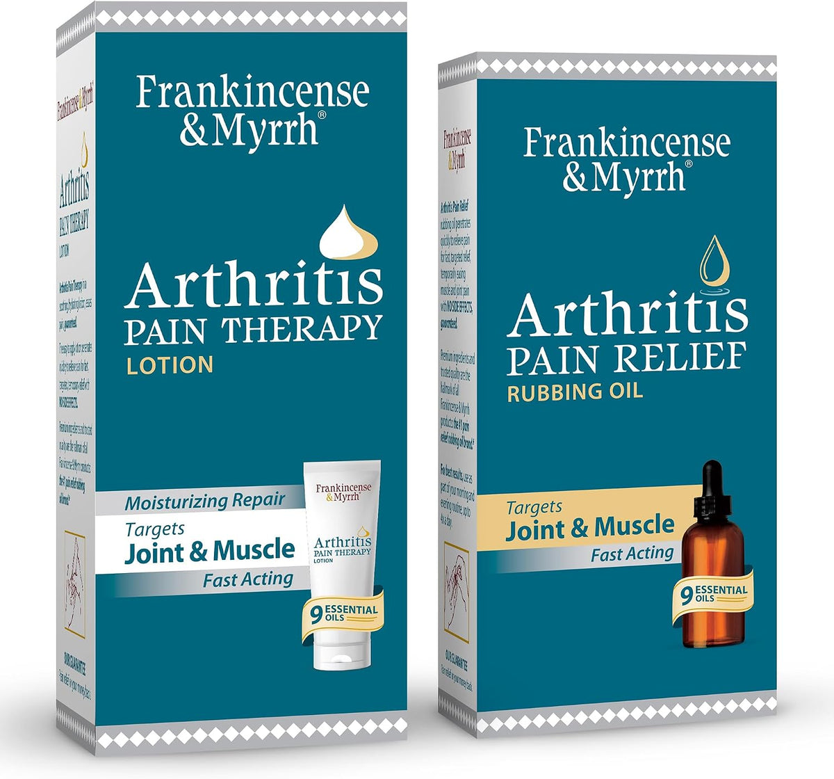 FRANKINCENSE & MYRRH Arthritis Combo: Rubbing Oil 2oz + Lotion 3oz, Premium | Combo: 2 oz oil + 3 oz lotion. Ease arthritis, joint, back & muscle pain. Menthol + 9 essential oils. Best Premium Solution.