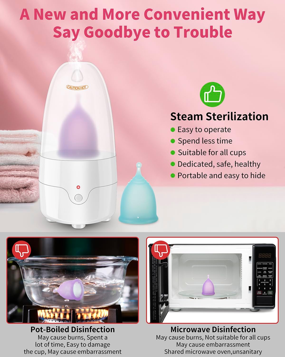 Menstrual Cup Steamer Sterilizer with 2 Reusable Menstrual Cups, Period Cups Cleaner Wash Kit