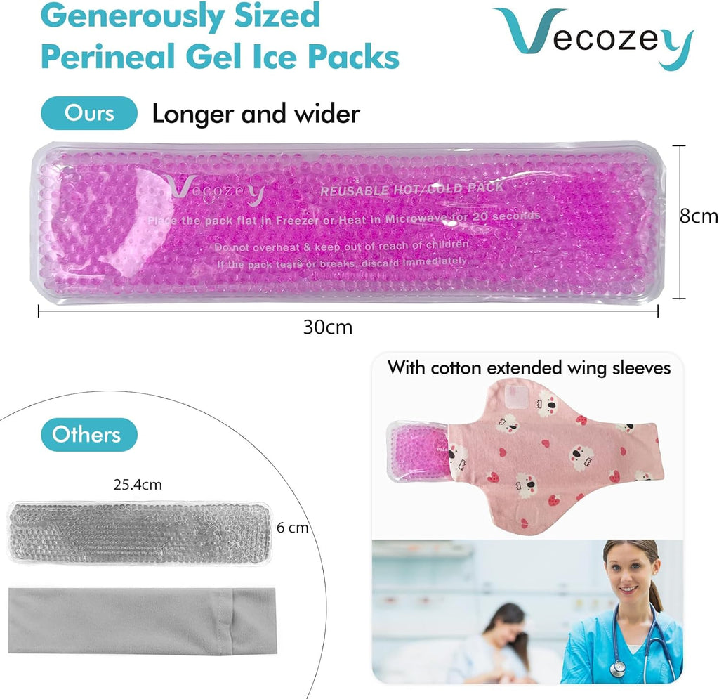 Vecozey 2 Perineal Cold Packs for Maternity Postpartum Care, Reusable Hot & Cold Ice Wraps with Washable Cotton Sleeves for Post Partum & Hemorrhoid Pain Relief, Cooling Pads for Women After Birth
