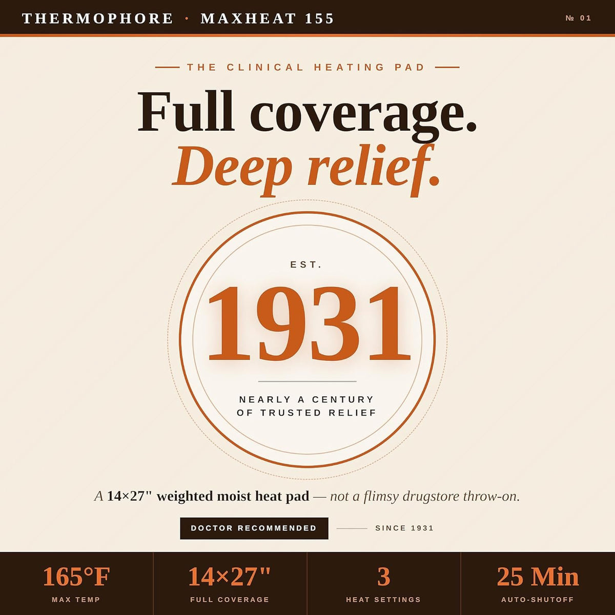 Thermophore MaxHEAT Automatic Moist Heating Pack Model 155 – Large 14" x 27" XL Heating Pad, Deep Heat Therapy for Muscle, Back & Joint Pain Relief, Electric, Heavy Weighted Fleece Design
