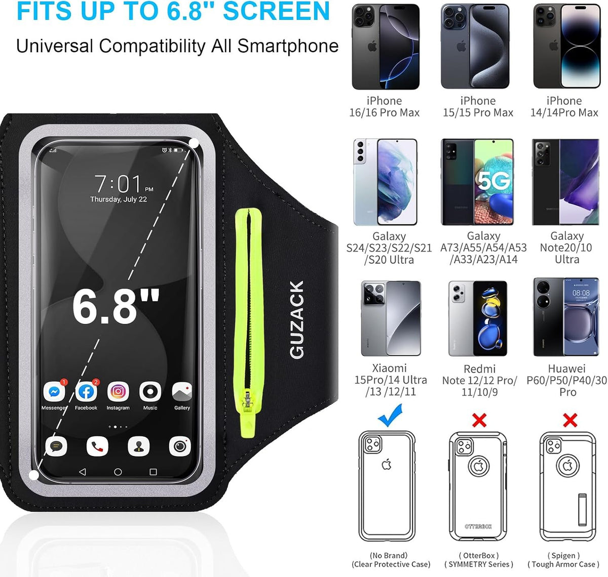 GUZACK Running Armband for iPhone 17 16 15 14 13 Pro Max, Galaxy S25 S24 S23 S22, with Card Slot & Key Pockets, Running Phone Holder, Fit Up to 6.9 Inches Phone - Size S (Smaller Arm 9-14 in)