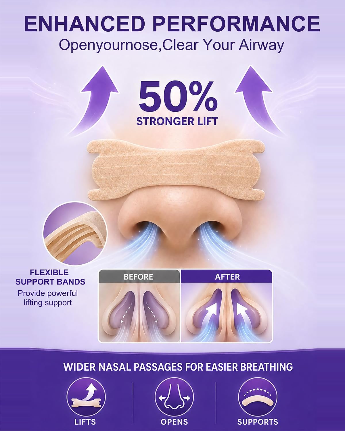Extra Strength Nasal Strips for Snoring and Nasal Congestion Relief,Drug-Free Breath Better Nose Strips with Strong Adhesive,50% Stronger Lift,Clear Comfortable Design for Sensitive Skin,60 PCS