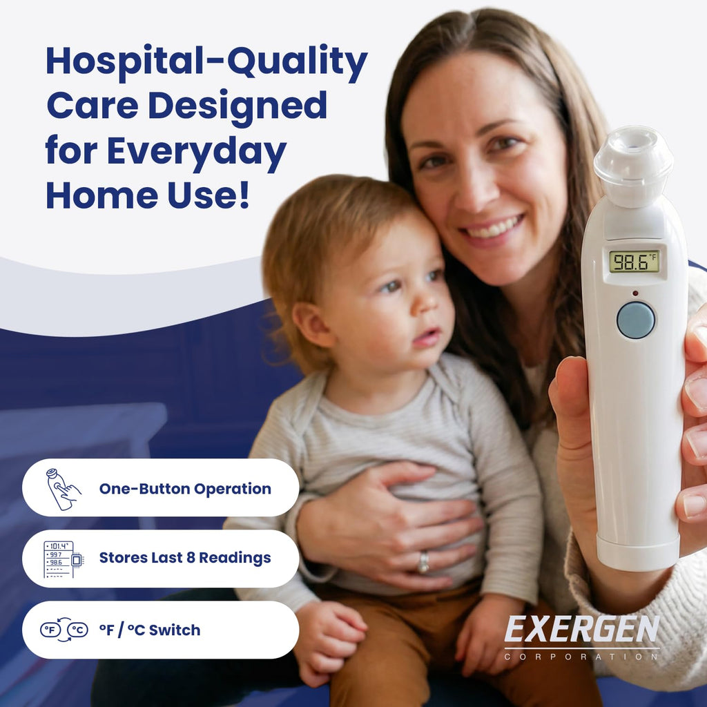 Exergen TAT-2000C Temporal Artery Forehead Thermometer for Baby Kids Adults | Displays Temperature Reading, Soft Glow, Silent Mode, Wipe Clean Sensor, 8 Reading Memory, 9V Battery Included for Family Use