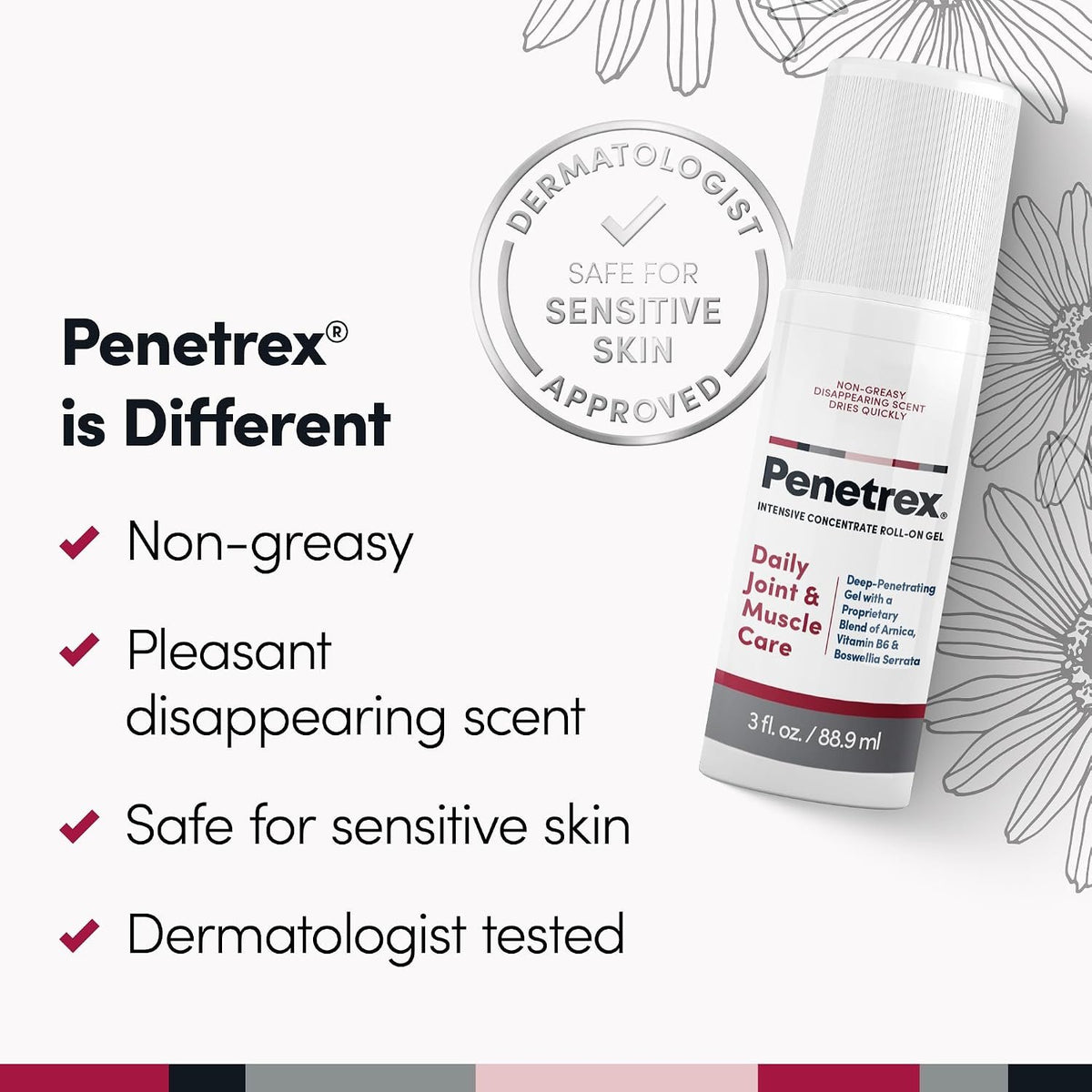 Penetrex Daily Joint & Muscle Care Roll-on | Arnica, Vitamin B6 & MSM, 3 Oz | Naturally-derived arnica, vitamin B6 & MSM roll-on gel for daily joint & muscle care · Easy application · 3 oz