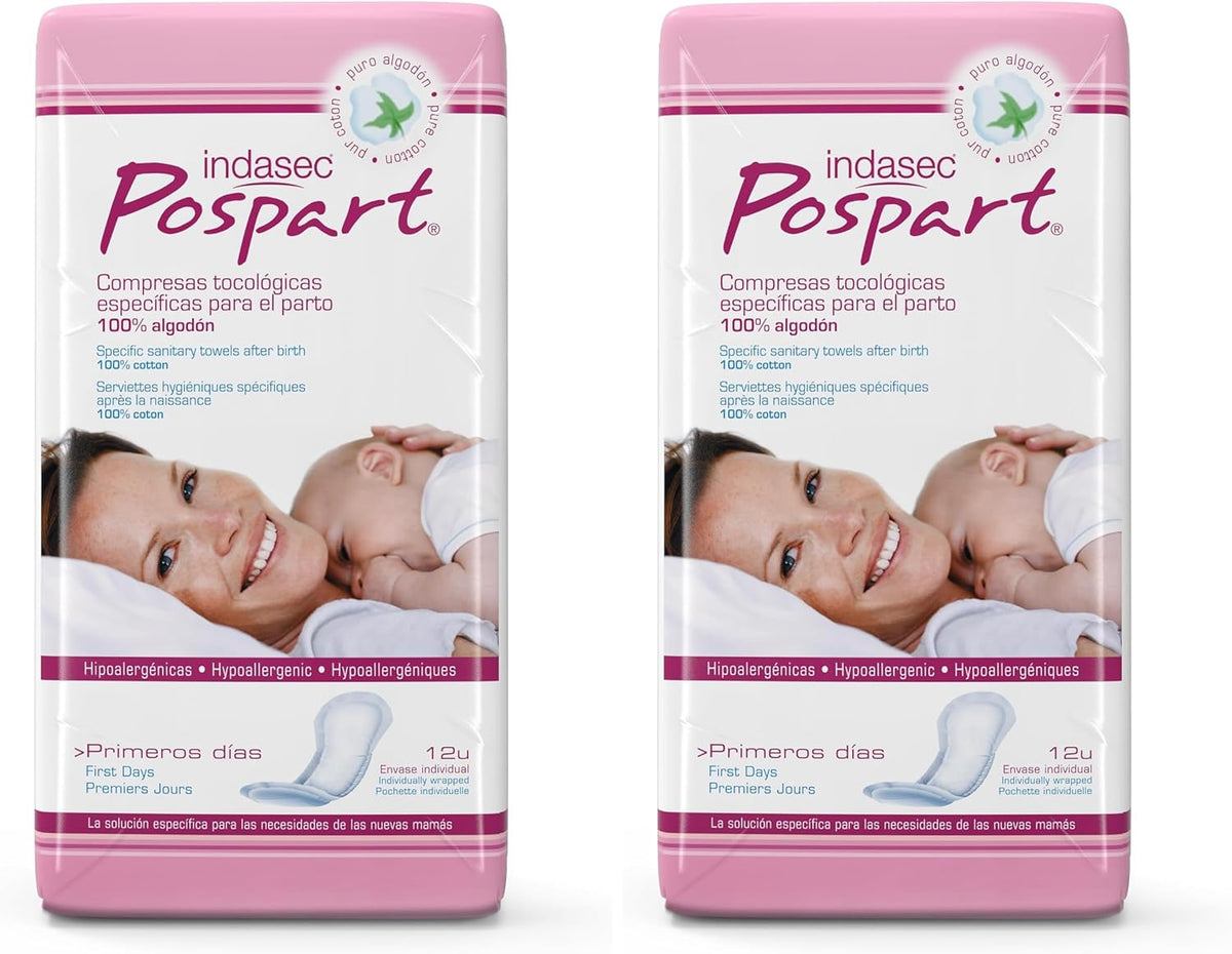 Indasec Pospart Cotton Tocological Pads - 12 Count (2 Pack)