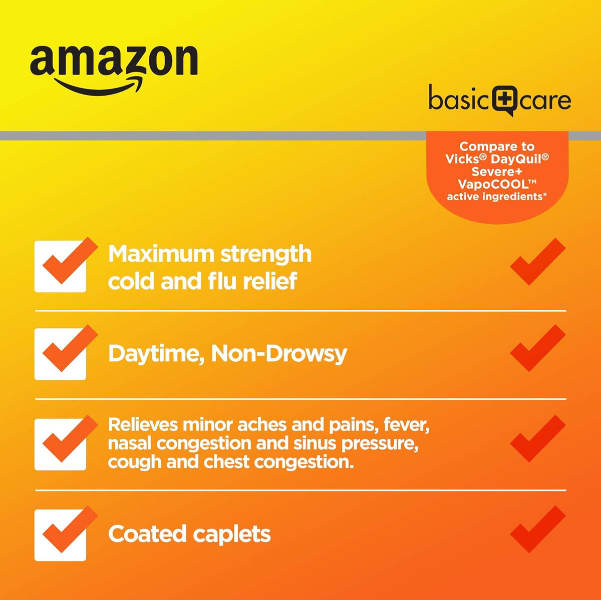 Amazon Basic Care Daytime Severe Cold & Flu Relief Caplets, Multi-Symptom Relief for Headache, Fever, Sore Throat, Chest & Nasal Congestion, Vapor Ice, 24 Count