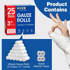 AZEN 25 Pack Gauze Rolls Bandages, 3 in x 4.1 Yards, Premium Medical Supplies & First Aid Supplies, Bandage Wrap Vet Wrap, Mummy Wraps