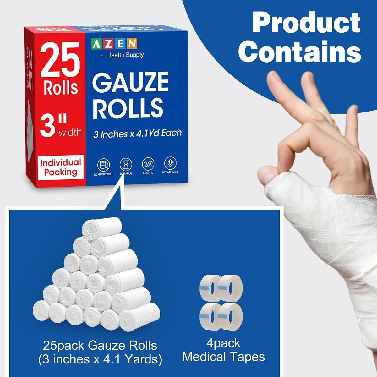 AZEN 25 Pack Gauze Rolls Bandages, 3 in x 4.1 Yards, Premium Medical Supplies & First Aid Supplies, Bandage Wrap Vet Wrap, Mummy Wraps