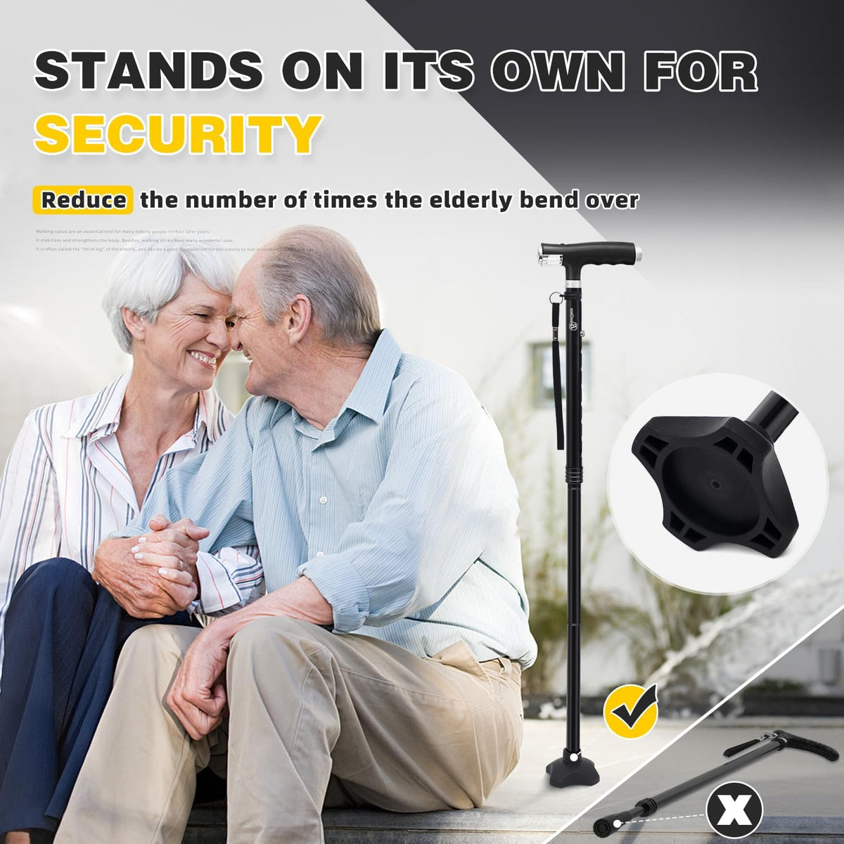 Walking Cane for Women Folding Cane for Men with Two Led Lights Quad Cane with Stable Base Lightweight and Adjustable Walking Stick