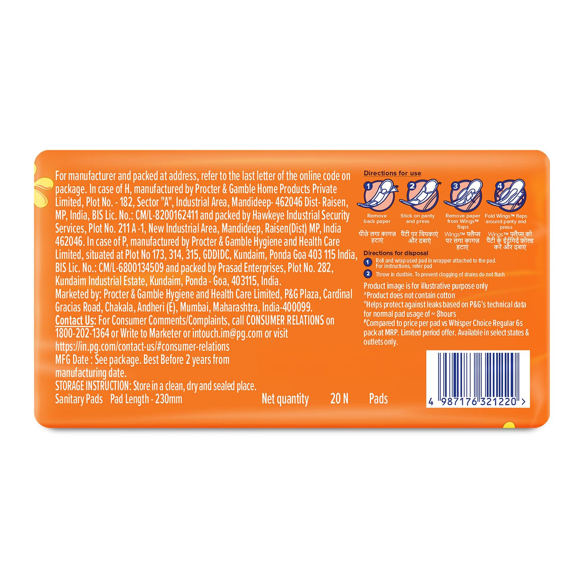 Whisper Choice Regular, 20 Pads for light to medium flow, Gives Up to 100% worry-free protection, with Cottony Softness