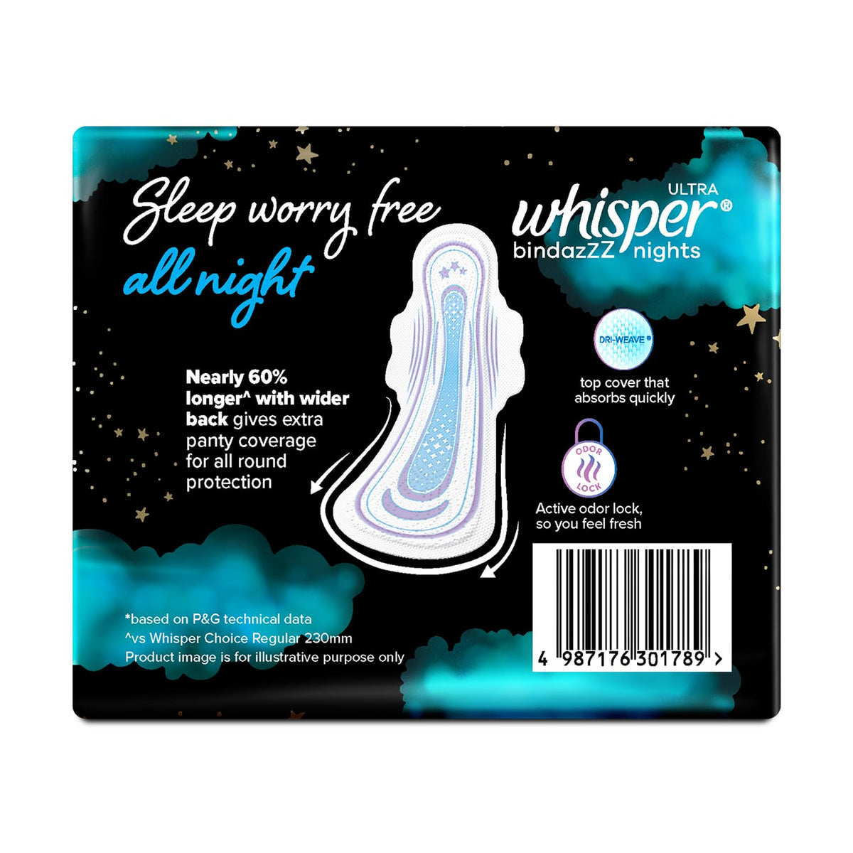 Whisper Bindazzz Nights 16 XXL+ Sanitary Pads, Upto 0% Leaks All Night Long, For Very Heavy Flow, Nearly 60% Longer with Wider Back, Active odor lock so you feel fresh, Disposable Wrapper