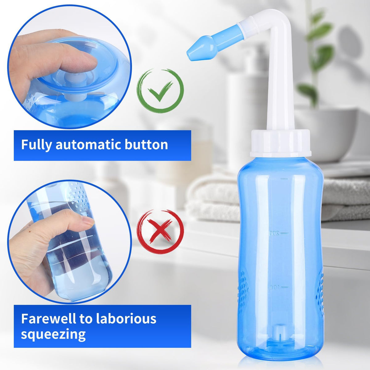Neti Pot Sinus Rinse Bottle,Nasal Wash Bottle,Sinus Rinsing Cleaner Pressure Rinse Nasal Irrigation with Sticker Thermometer for Adult & Kid (300ml with 40 Nasal Wash Salt Packets)