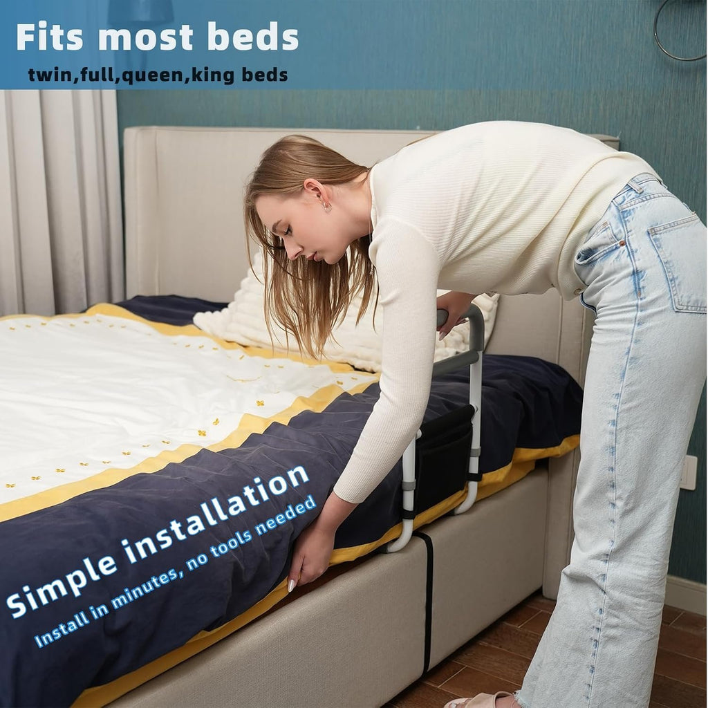 Bed Rails for Elderly Adults Safety, 350LBS Heavy Duty Grab Bar | Bed Assist Rail for Seniors, Non-Slip Bedside Handle, Fall Prevention Cane with Storage Pocket, Fits King/Queen/Full/Twin Bed