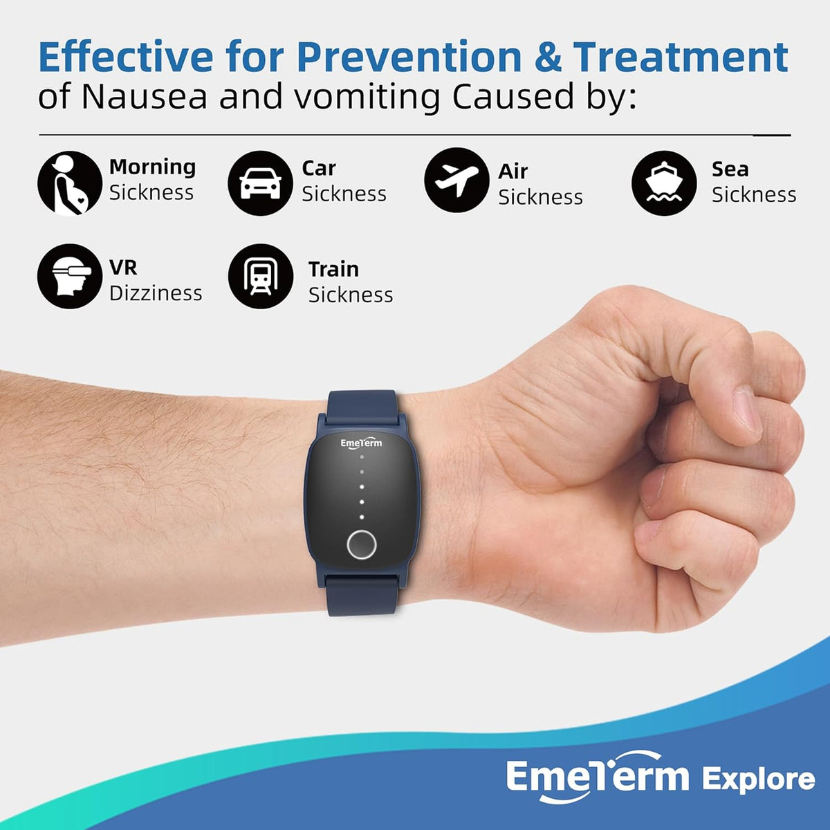 EmeTerm Explore Classic FDA-Cleared Anti-Nausea Wristband IP67 Waterproof Morning Motion Sickness Relief Band Rechargeable Classic Strap Design Drug Free Non-drowsy Without Side Effects Navy Blue
