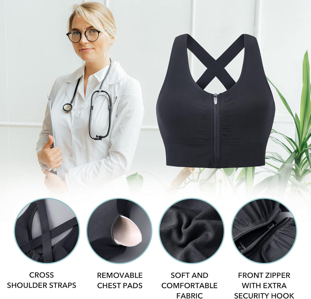 Evercute Zip Front Post-Surgery Bra Women's Wireless Sports Bras Padded Strappy Medium Support Yoga Exercise Athletic Bras