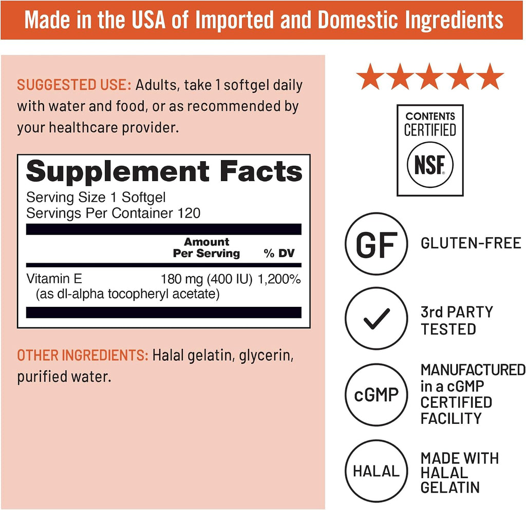 NatureWise Vitamin E 400 IU Softgels (180mg DL-Alpha) - Dairy, Gluten & Soy Free - Non-GMO Antioxidant-Rich Dietary Supplement for Skin, Heart, and Immune Health Support - 4-Month Supply, 120 Count