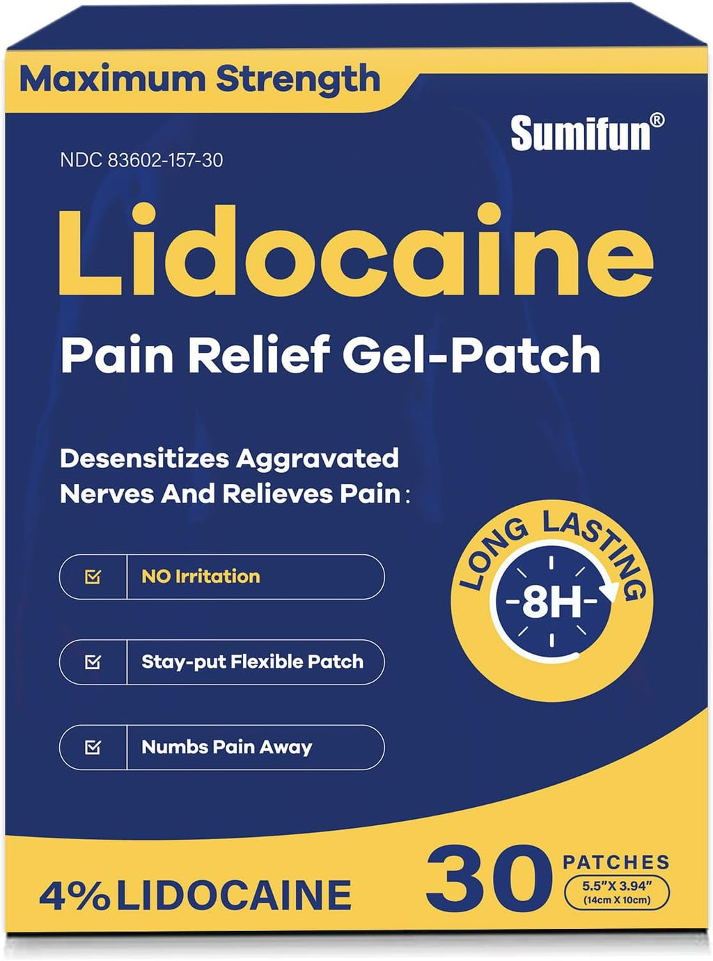 Sumifun 4% Lidocaine Pain Relief Patches 30 Count(Pack of 1) | Maximum Strength Numbing Gel Patch for Back Knee Neck Joint Ache Muscle Soreness Topical Analgesic