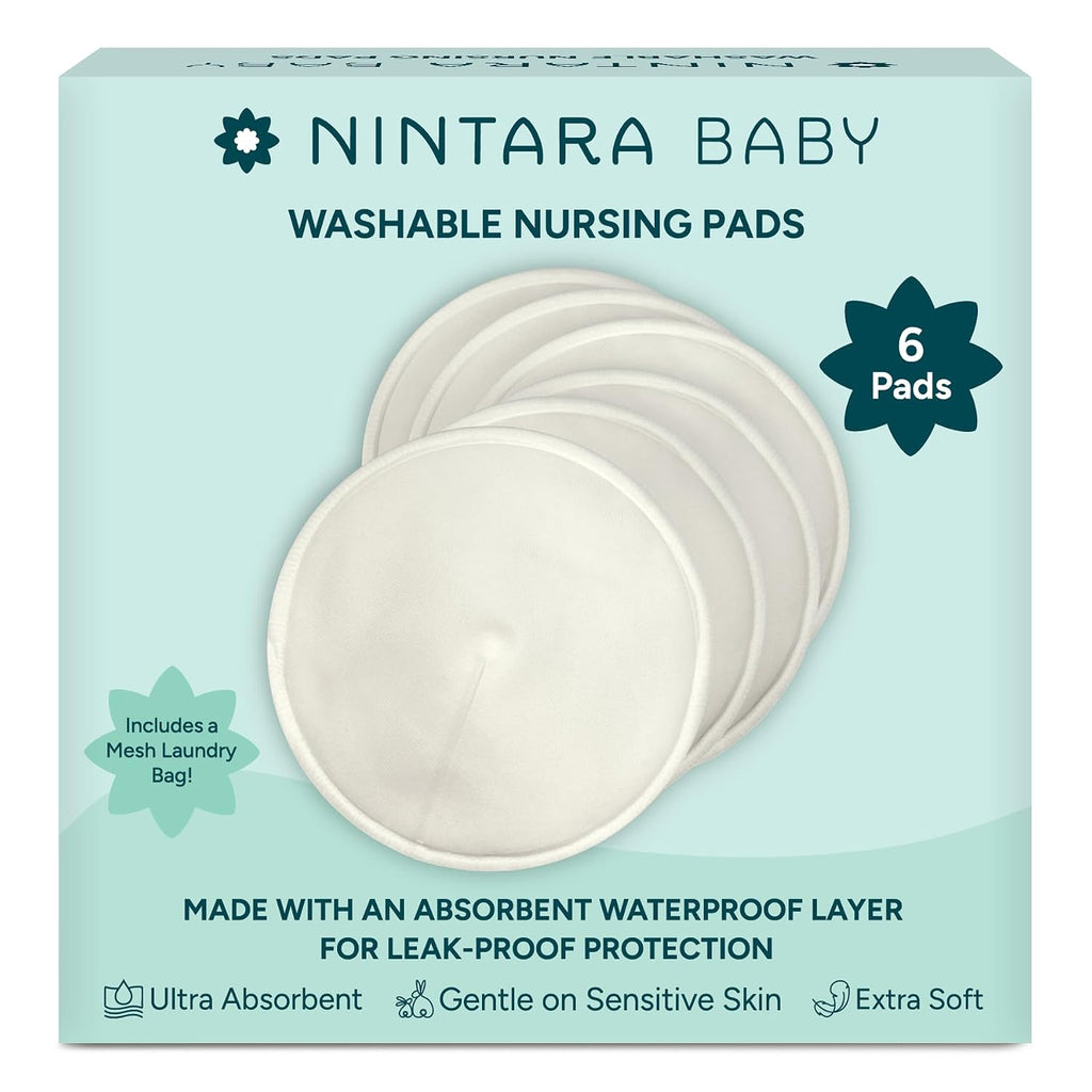 Nintara Baby Reusable Nursing Pads – Pack of 6 with Laundry Bag | Soft & Absorbent Breast Pads, Bamboo Viscose Blend, Contoured Fit, Leak-Resistant